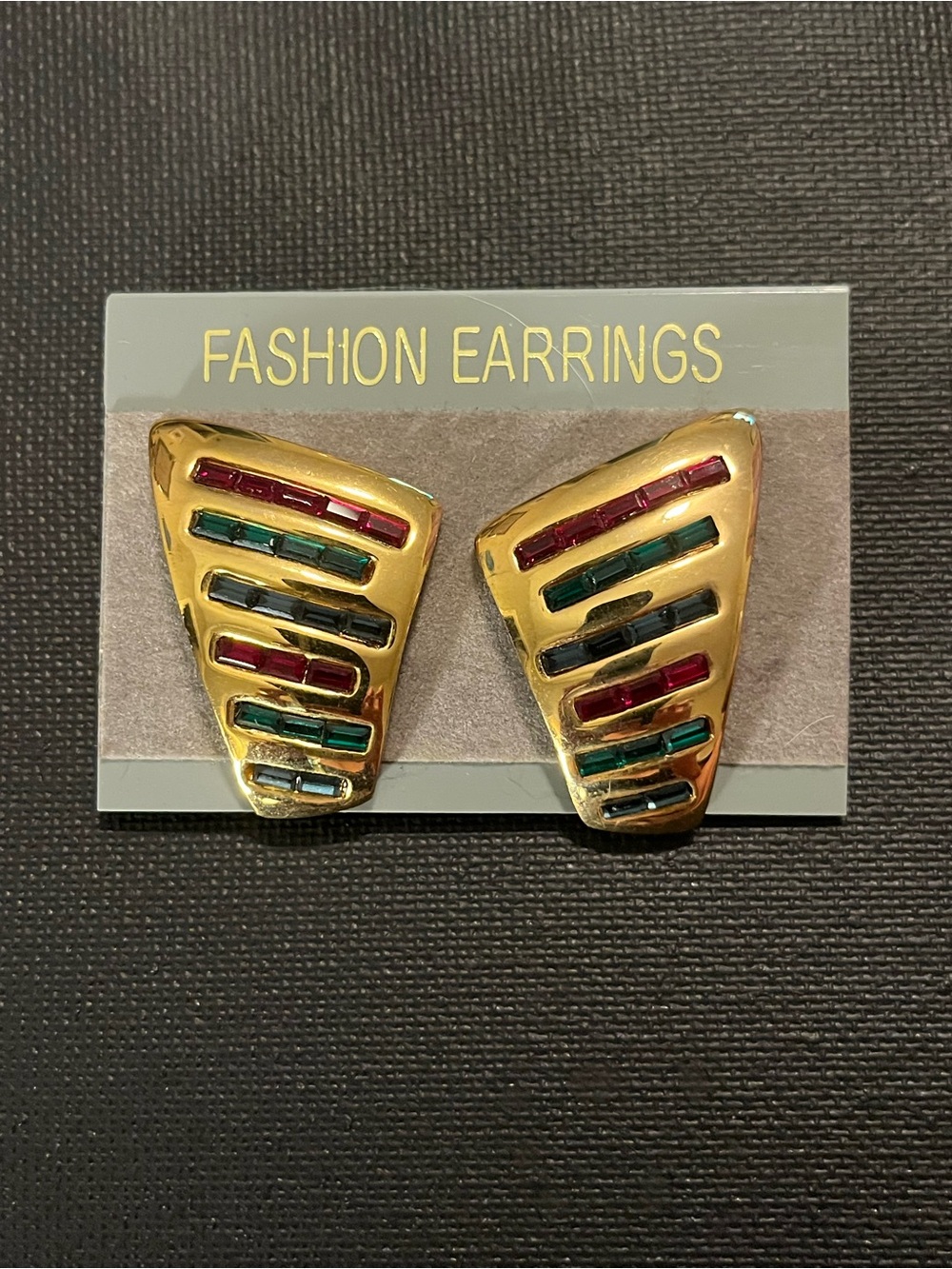 Gold Multi-Color Baguette Inlay Clip-On Fashion Earrings 1 1/2” Long